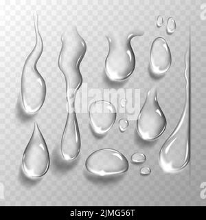 Set di gocce d'acqua su sfondo trasparente. Illustrazione vettoriale. Illustrazione Vettoriale