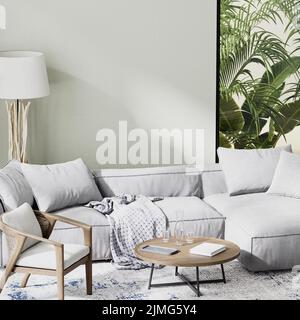 Lussuoso soggiorno interno con divano grigio con sfondo tropicale in finestra, 3D rendering Foto Stock
