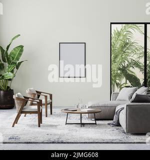 Cornice a baldacchino in moderni interni del soggiorno con pareti beige, mobili grigi e in legno e piante tropicali con foglie di palma Foto Stock