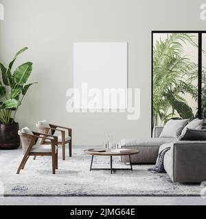 Tela bianca nel moderno soggiorno interno con parete beige, mobili grigi e in legno e piante tropicali con foglie di palma, 3D Foto Stock