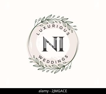 NI iniziali lettera Wedding monogramma modello loghi, disegnata a mano moderno minimalista e modelli floreali per le carte di invito, Salva la data, elegante Illustrazione Vettoriale