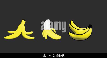 3D illustrazione di banane. Banana singola e Banana parzialmente sbucciata. Illustrazione Vettoriale