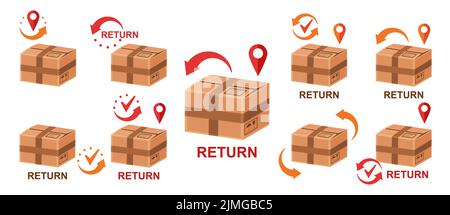 Consegna di ritorno posta pacco al mittente, invio ordine indietro, icona di tracciamento del pacco impostata. Merce in cambio gratuita in negozio. Scatola di cartone. Vettore di spedizione indirizzo Illustrazione Vettoriale
