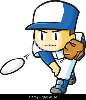 Un'illustrazione vettoriale di un giocatore simpatico e divertente di baseball che lancia la palla su uno sfondo bianco Illustrazione Vettoriale
