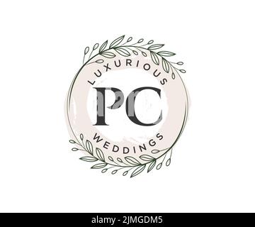 PC iniziali lettera Wedding monogramma modello logo, a mano disegnata moderno minimalista e modelli floreali per le carte di invito, Salva la data, elegante Illustrazione Vettoriale