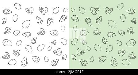 Avocado Doodle. Fettine di avocado su sfondo bianco e verde. Illustrazione vettoriale. Illustrazione Vettoriale