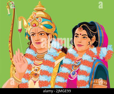 Un disegno vettoriale di Lord sri rama e sita Kalyanam cerimonia ramayana su sfondo verde Illustrazione Vettoriale