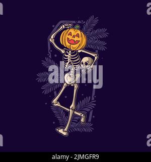 Un disegno vettoriale di uno scheletro divertente con una testa di zucca che balla su uno sfondo viola scuro Illustrazione Vettoriale