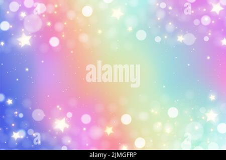 Unicorn rainbow glitter sfondo con scintille in colori pastello. Disegno iridescente acquerello. Ologramma a gradiente con stelle e bokeh. Vettore Illustrazione Vettoriale