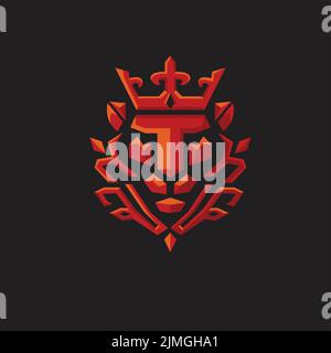 Icona vettoriale di un leone rosso con logo geometrico a corona su sfondo scuro Illustrazione Vettoriale