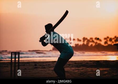 Silhouette di ragazzi che giocano a cricket sul mare Foto Stock