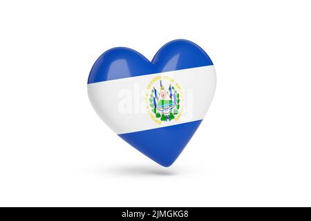 Cuore con i colori della bandiera di El Salvador isolato su sfondo bianco. 3d illustrazione. Foto Stock