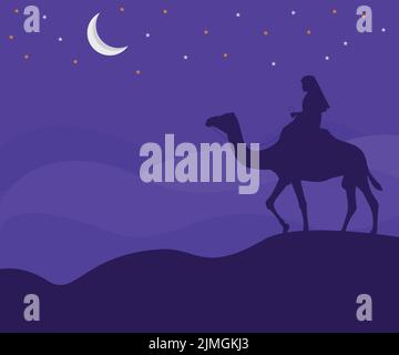 Un disegno vettoriale di una silhouetted umano su un cammello, notti arabe nel concetto del deserto Illustrazione Vettoriale