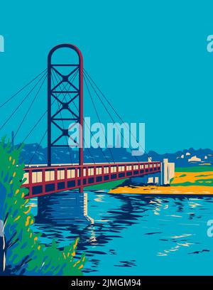 Mishawaka Riverwalk Bridge o St Joe River e Pedestrian Bridge su St Joseph River Indiana WPA Poster Art Foto Stock