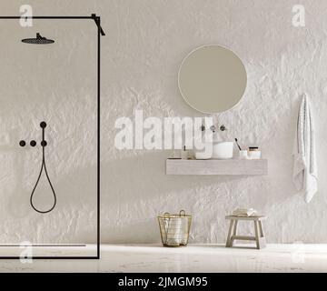 Moderno bagno interno con zona doccia e zona asciutta con lavandino e specchio con accessori da bagno, 3D rendering Foto Stock