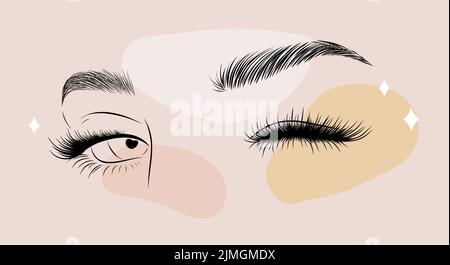 Occhi femminili minimalisti su macchie colorate. Donne lineari ciglia e ciglia. Illustrazione vettoriale con stile di disegno a una linea. Perfetto per il logo Illustrazione Vettoriale