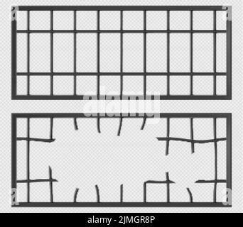 Le finestre della gabbia della prigione con grata delle barre di metallo. Illustrazione vettoriale realistica delle finestre della cella della prigione con griglia delle aste di ferro e delle griglie rotte isolate sopra Illustrazione Vettoriale