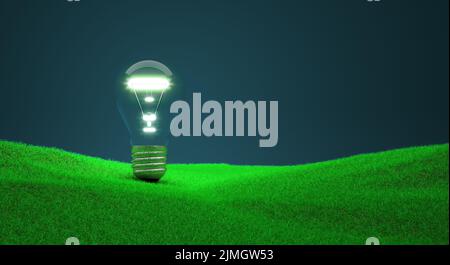 Lampadina luminosa astratta su paesaggio erboso - 3D Illustrazione Foto Stock