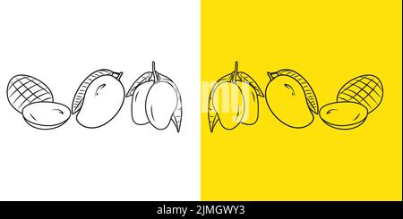 Giallo mango doodle sfondo. Icona di doodle di frutta isolata esotica. Con due sfondi. Illustrazione Vettoriale