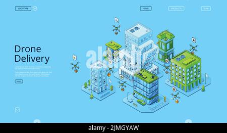 Drone consegna isometrica landing page, quadricotteri spedizione pacchi dal magazzino ai clienti. Tecnologia logistica futuristica, trasporto aereo tra Illustrazione Vettoriale