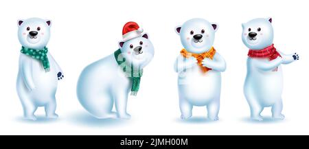 Disegno del set vettoriale dei caratteri dell'orso polare. Natale neve porta 3D personaggio in posa carina e amichevole e gesti per la collezione di animali invernali xmas. Illustrazione Vettoriale