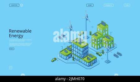 Pagina di destinazione isometrica per le energie rinnovabili. Energia pulita, fonti di energia ecologica alternativa, stazione meteorologica con mulini a vento e solare p Illustrazione Vettoriale