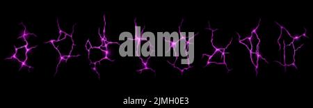 Lava in crepe di terra, vulcano magma viola bagliore texture in crepe fori, superficie di terra rovinata. Terremoto distruzione, spaccatura, danno effetto di fessura Illustrazione Vettoriale