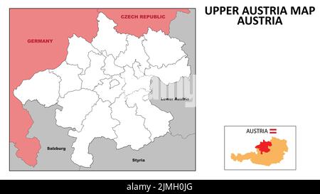 Mappa dell'Austria superiore. Mappa dello stato e del distretto dell'alta Austria. Carta politica dell'Austria superiore con contorno e disegno in bianco e nero. Illustrazione Vettoriale