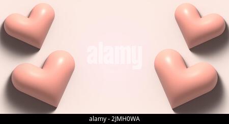 3D rendering dei cuori su sfondo rosa. Concetto di design per il poster di San Valentino. Carino modello banner amore o biglietto di auguri. Posiziona per testo. Proposta Illustrazione Vettoriale