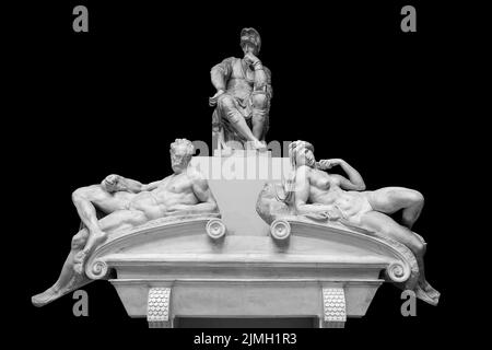 Tomba di Giuliano de Medici e sottostante adagiato sul sarcofago Michelangelo isolato su sfondo nero con sentiero di clipping Foto Stock