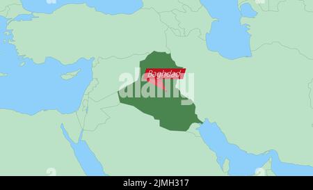 Mappa dell'Iraq con pin della capitale del paese. Mappa Iraq con paesi vicini di colore verde. Illustrazione Vettoriale