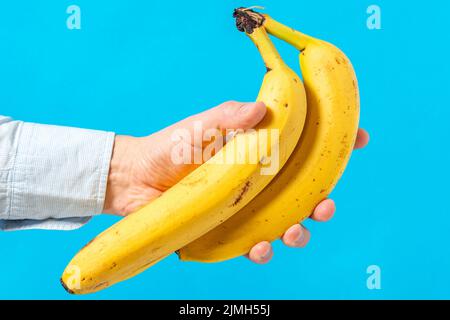 Mano che tiene coppia di grandi banane Foto Stock