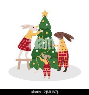 Carino famiglia di conigli in abiti casa decorare albero di natale insieme con ghirlanda e baubles. Personaggi alla moda animali coniglietti celebrare l'inverno h Illustrazione Vettoriale