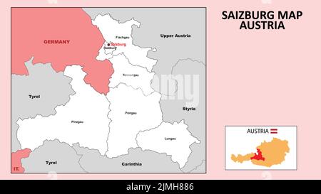 Mappa di Salisburgo. Mappa dello stato e del distretto di Salisburgo. Mappa amministrativa di Salisburgo con quartiere e capitale di colore bianco. Illustrazione Vettoriale