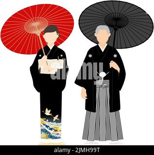 Coppia senior in kimono con ombrello, montsuki hakama e tomesode nero Illustrazione Vettoriale