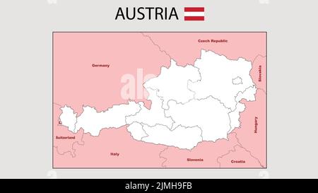 Mappa Austria. Carta politica dell'Austria. Mappa Italia con paesi e confini vicini. Illustrazione Vettoriale
