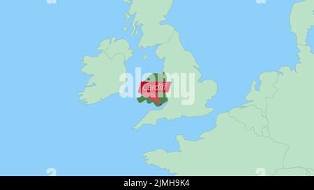 Mappa del Galles con pin della capitale del paese. Mappa del Galles con paesi vicini di colore verde. Illustrazione Vettoriale