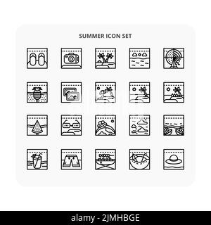Una serie di icone estive con sfondo bianco Illustrazione Vettoriale