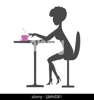 Caffè tempo Silhouette una donna durante il caffè. La ragazza si siede ad un tavolo e beve caffè, logo, icona. Illustrazione vettoriale Illustrazione Vettoriale