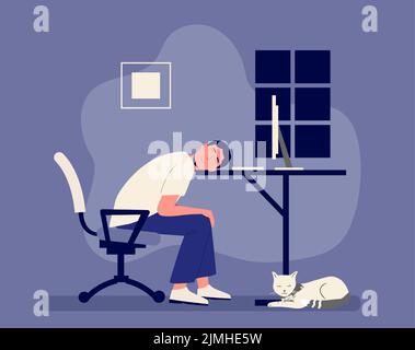 L'uomo lavora a tarda notte. Persona addormentata al tavolo che lavora fuori orario. Personaggio maschio stanco che ha un lavoro freelance a casa. Impiegato esausto che dorme in fr Illustrazione Vettoriale