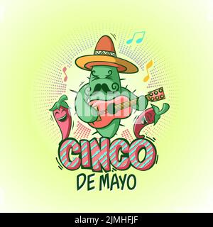Buon personaggio cactus cinco de mayo con chitarra e peperoncino, colore facile da modificare. Grazie per il download Illustrazione Vettoriale