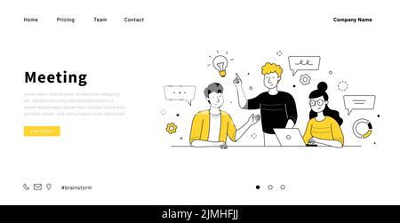 Modello di progettazione di doodle per la pagina di destinazione degli eventi aziendali. Illustrazione vettoriale della riunione di brainstorm del giovane team. Colleghi che condividono idee creative, lavorando t Illustrazione Vettoriale
