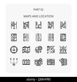 Una serie di mappe e icone di posizione con sfondo bianco Illustrazione Vettoriale