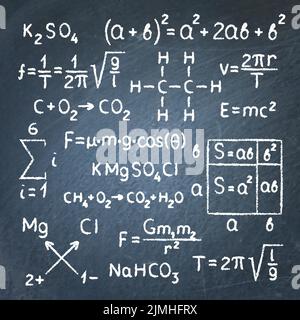 Lavagna con formule ed equazioni scientifiche. Leggi e principi scientifici in lavagna. Illustrazione vettoriale. Illustrazione Vettoriale