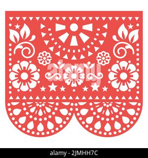 Papel Picado rosso vettore floreale design con forme astratte, retrò messicano carta ritaglio modello, tradizionale fiesta banner - biglietto d'auguri o festa dicembre Illustrazione Vettoriale