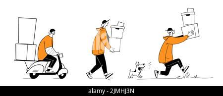 Consegna online, consegna a domicilio e in ufficio. Set di divertenti illustrazioni line art. Consegna man scooter corriere. Vettore Illustrazione Vettoriale