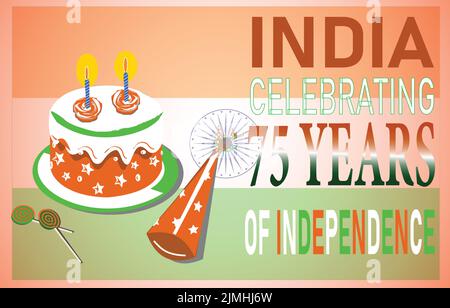 India che celebra 75 anni di indipendenza modello per banner e poster. Astratto moderno ed elegante con torta e cappello e caramelle con bandiera indiana. Illustrazione Vettoriale