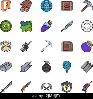 Una serie di icone colorate per videogiochi con sfondo bianco Illustrazione Vettoriale