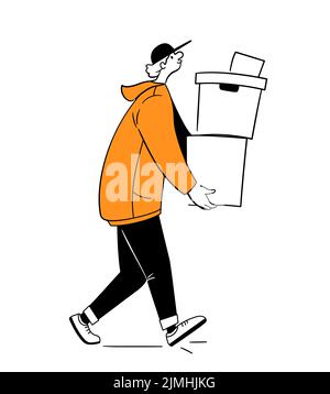Consegna online, consegna a domicilio e in ufficio. Divertente illustrazione di linea dell'uomo di consegna. Vettore Illustrazione Vettoriale