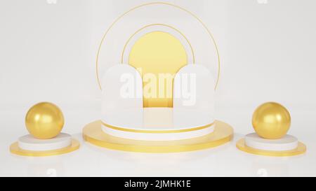 Sfondo cosmetico minimo per la presentazione del prodotto. Podio per bottiglie cosmetiche e podio d'oro su sfondo grigio. rendering 3d Foto Stock